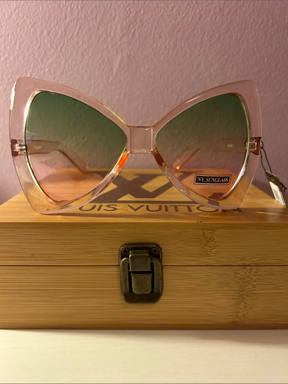 Pink Translucent Cat-Eye Sunglasses with Green Gradient Lenses